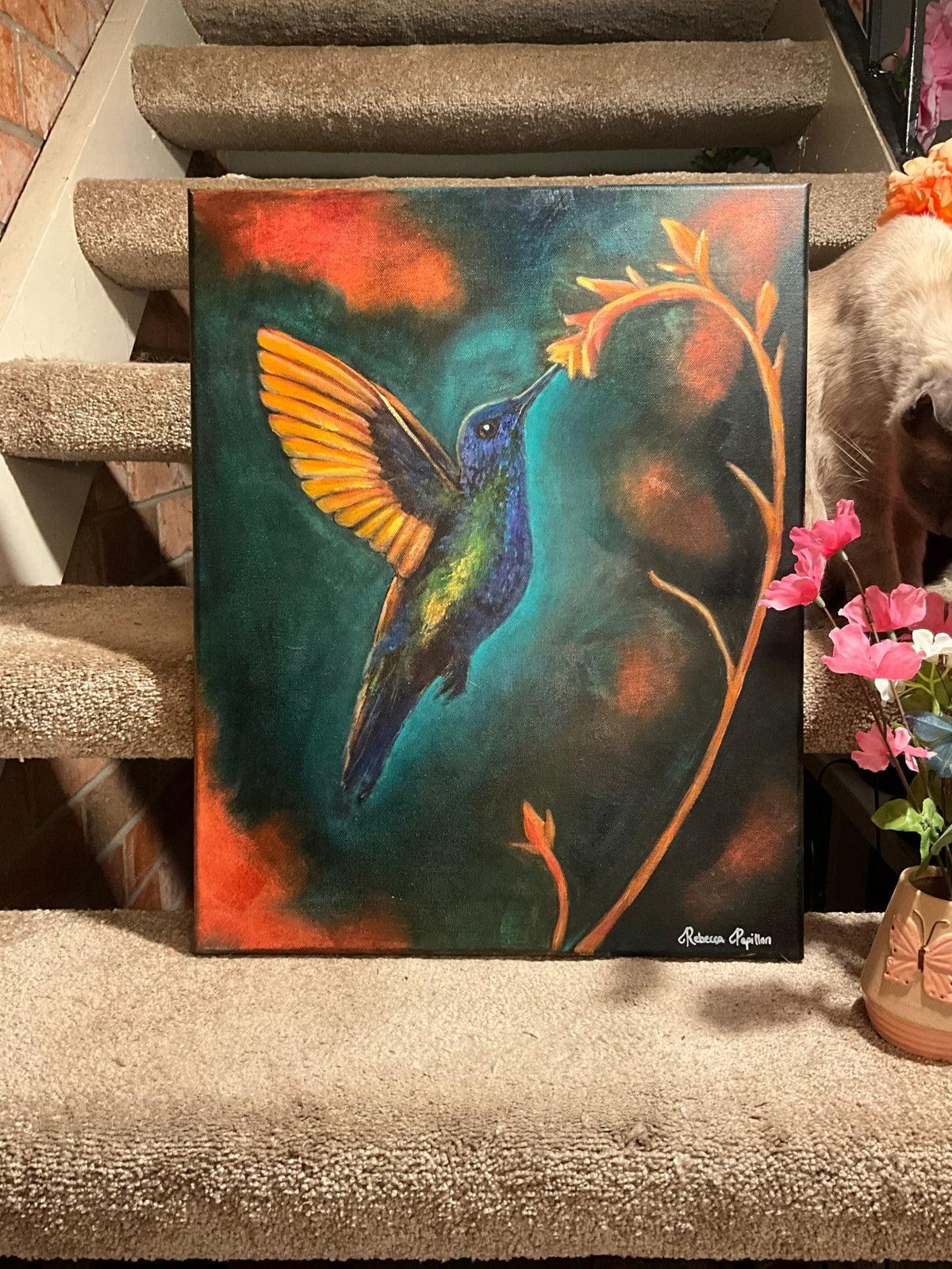 16x20” hummingbird oil on canvas. $500 - Rebecca Papillon