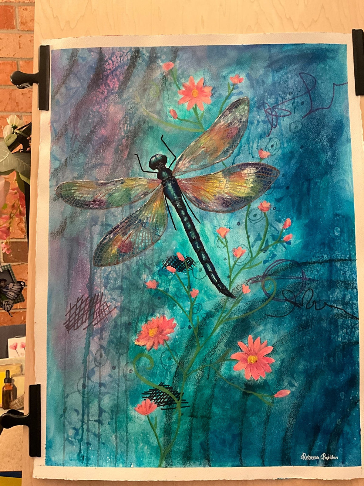 22x30” dragonfly mixed media and oil on paper. - Rebecca Papillon
