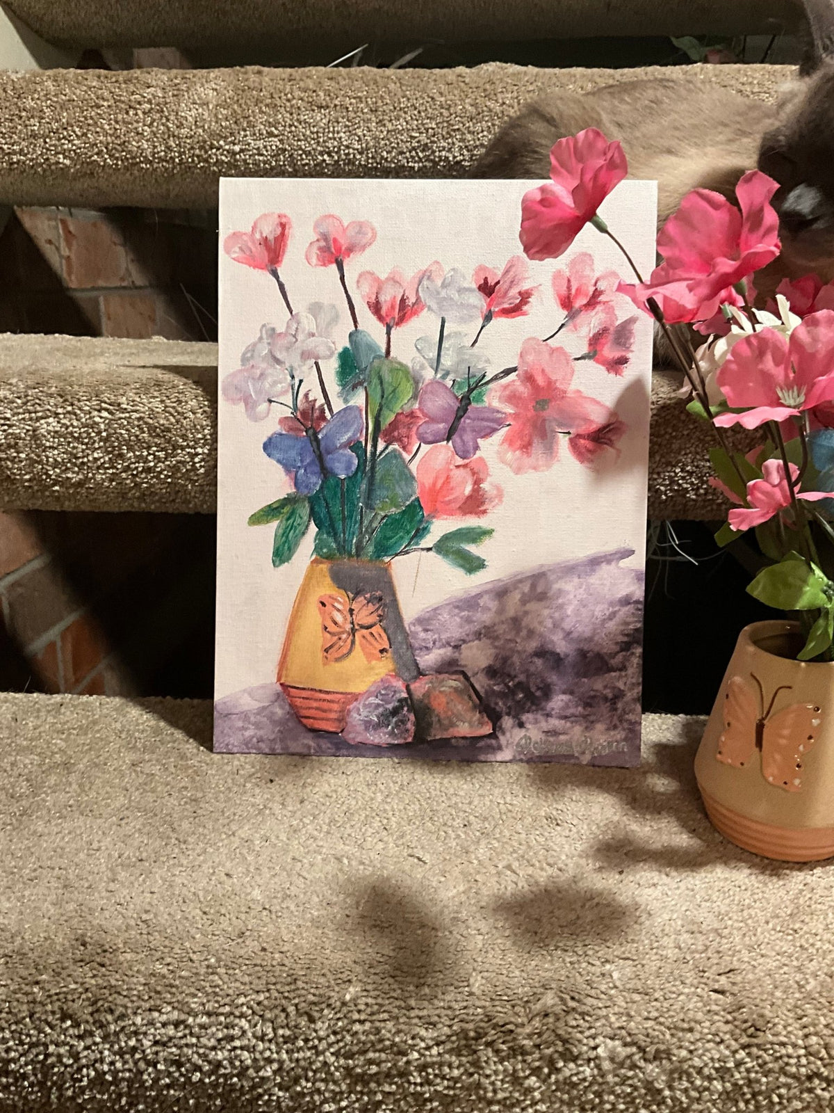 9x12” still life flowers and crystals oil on canvas board. - Rebecca Papillon