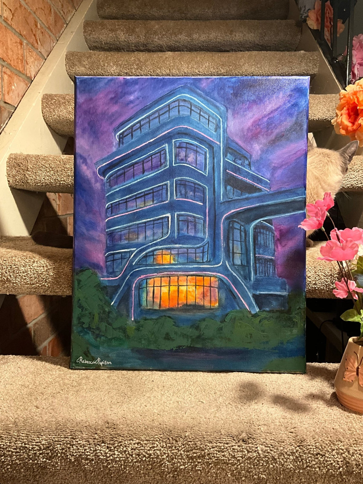 16x20” cyberpunk building oil on canvas. - Rebecca Papillon