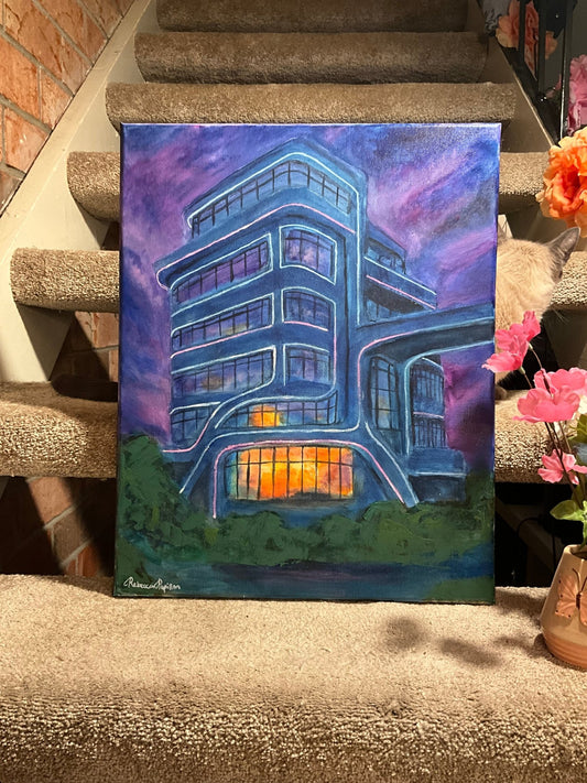 16x20” cyberpunk building oil on canvas. - Rebecca Papillon