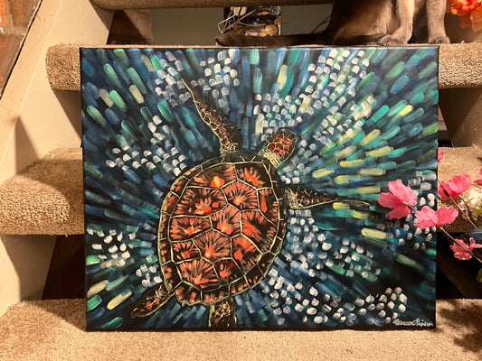 16x20 expressive turtle oil on black canvas - Rebecca Papillon
