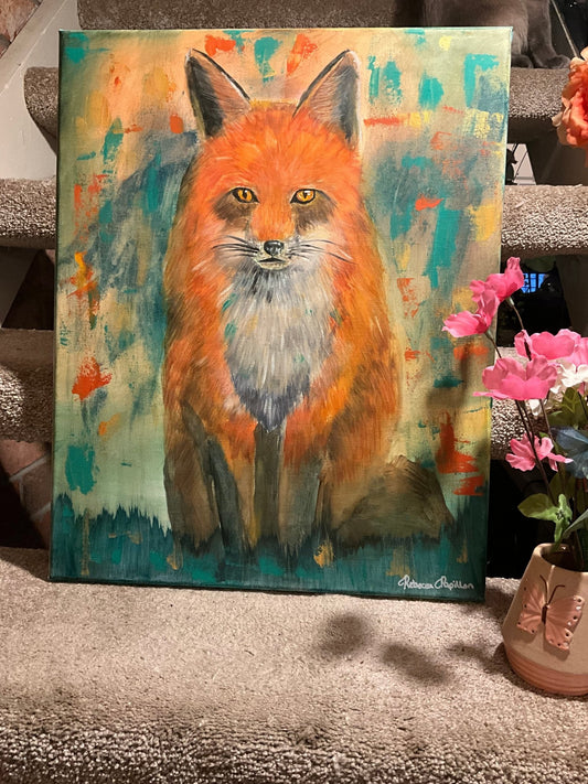 16x20” whimsical fox oil on canvas. - Rebecca Papillon