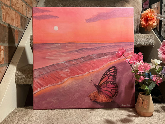 20x20” Pink butterfly beach sunset. Oil on canvas. - Rebecca Papillon