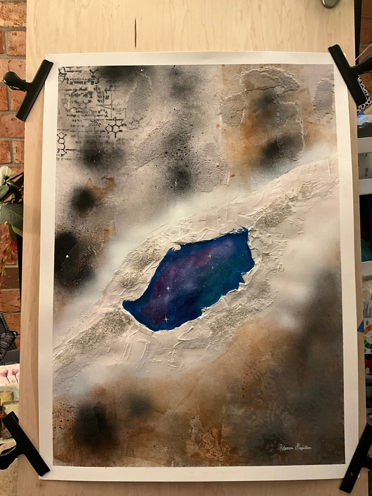 22x30” abstract galaxy hole mixed media and oil on paper. - Rebecca Papillon