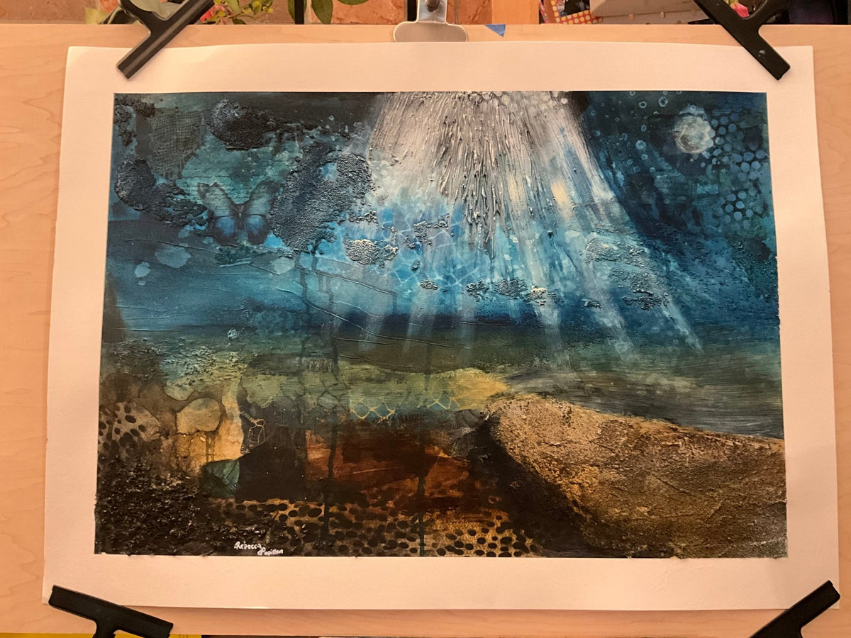 22x30” abstract under the sea mixed media and oil on paper. - Rebecca Papillon