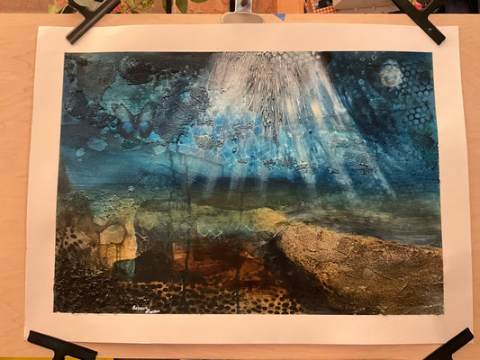 22x30” abstract under the sea mixed media and oil on paper. - Rebecca Papillon