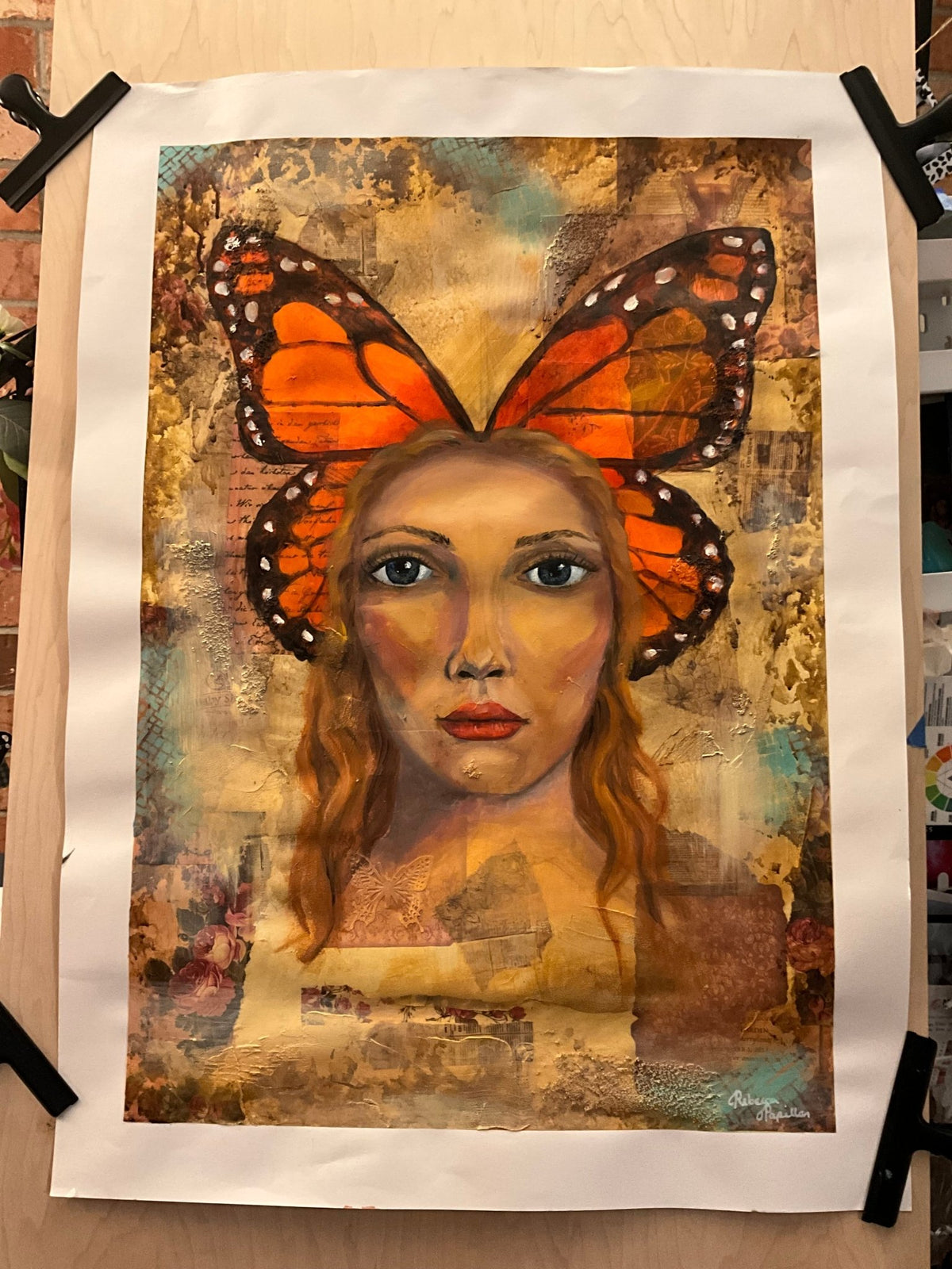 22x30” butterfly collage girl mixed media collage and oil. - Rebecca Papillon