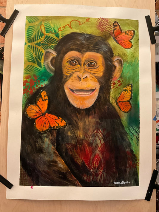 22x30” Chimpanzee Hope mixed media and oil on paper. - Rebecca Papillon
