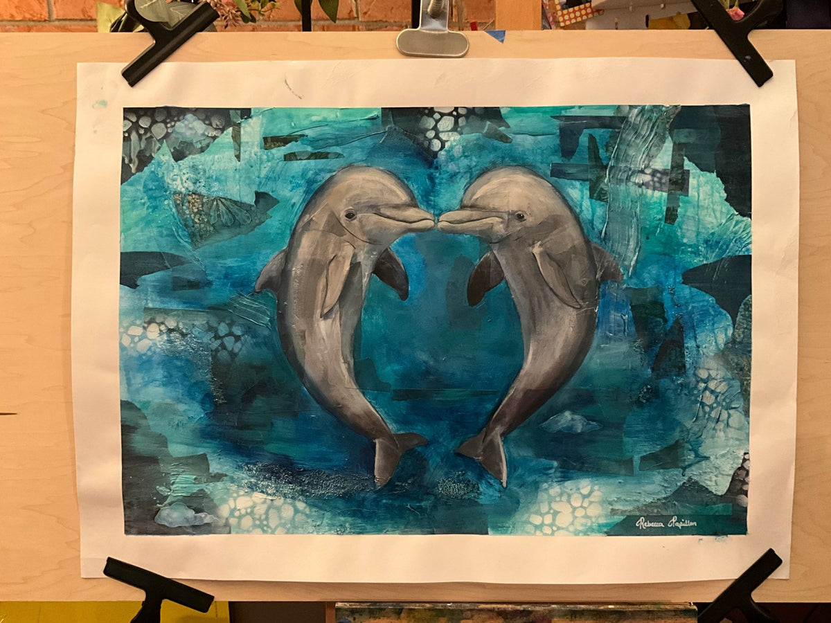 22x30” dolphin love mixed media, collage and oil on paper. - Rebecca Papillon