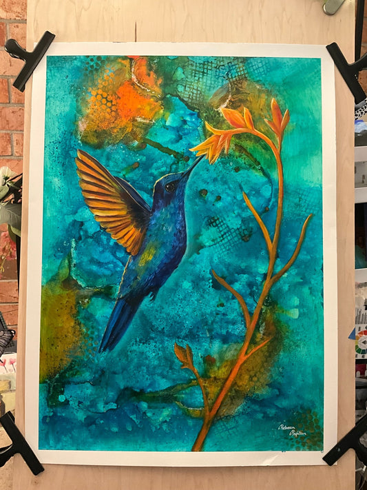 22x30” hummingbird mixed media acrylic, foil and oil on paper. - Rebecca Papillon