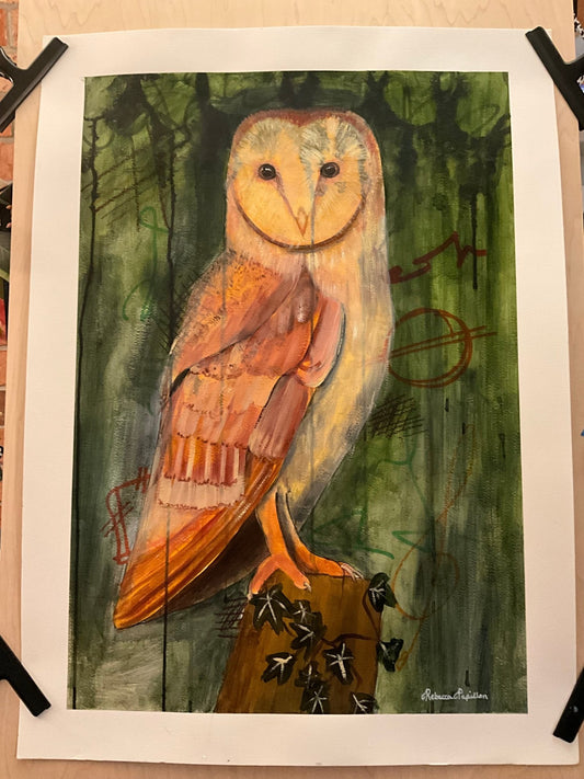 22x30” Owl mixed media and oil on paper. - Rebecca Papillon
