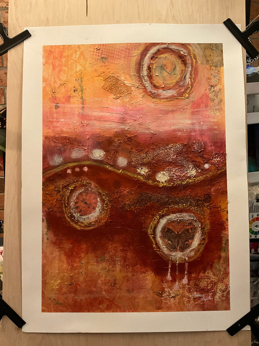 22x30” warm abstract mixed media and oil on paper. - Rebecca Papillon