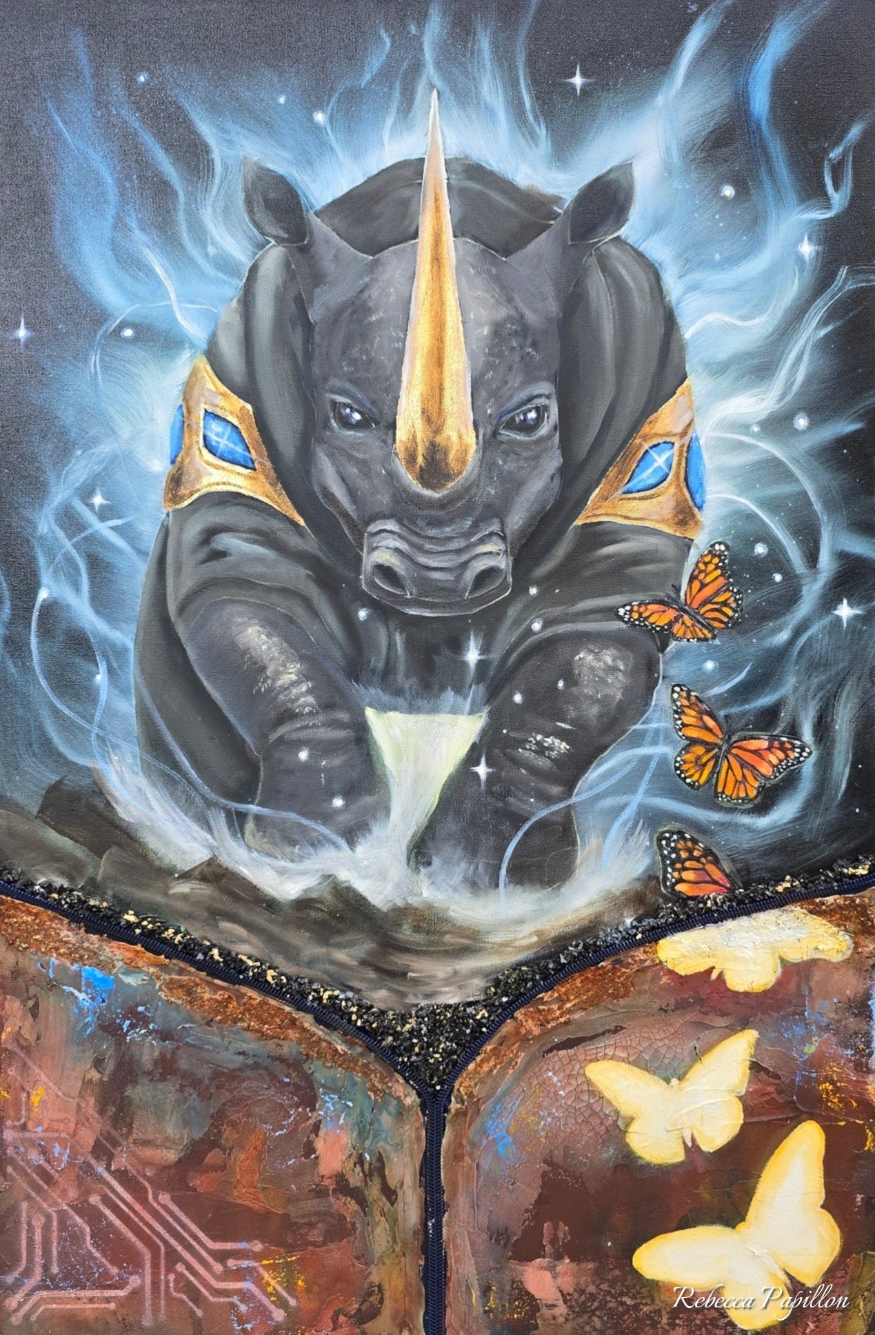 Animarii Unzipped No.1: The Rhino — The One Who Moves Mountains · Original Oil Painting - Rebecca Papillon